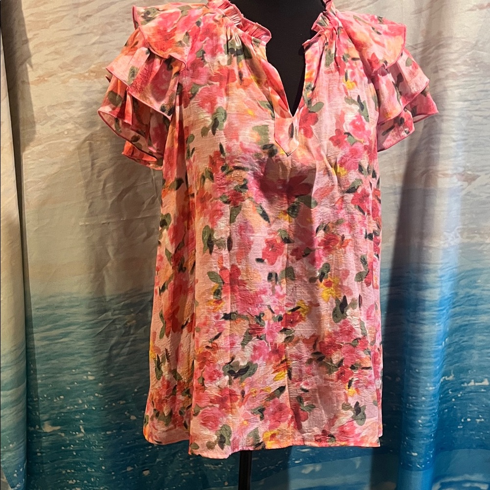 Nanette Lepore Pink Floral Ruffle-Sleeve Top